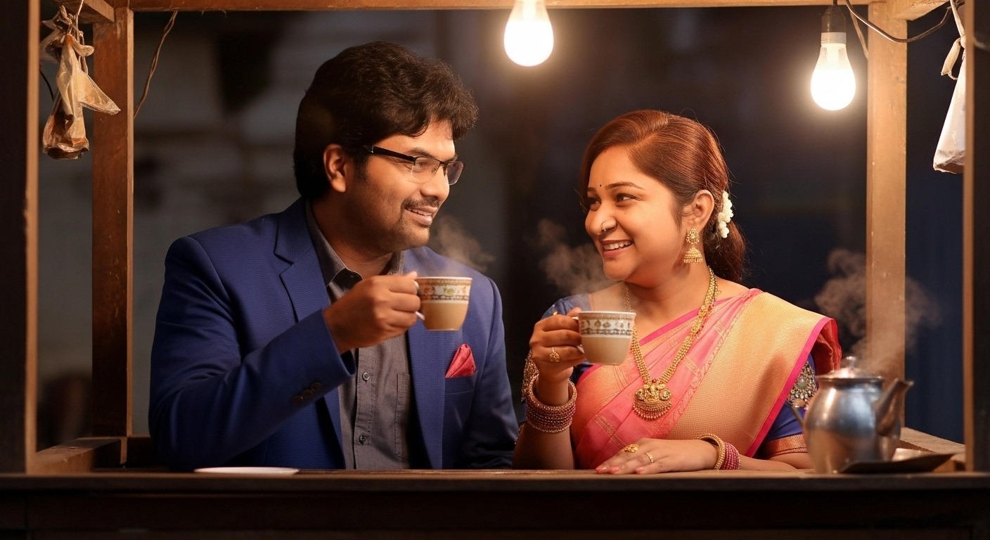 The target photograph: a couple sharing tea at a stall